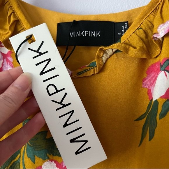 NWT MINKPINK Mustard Yellow Floral Ruffled Tiered Mini Dress - Picture 11 of 14